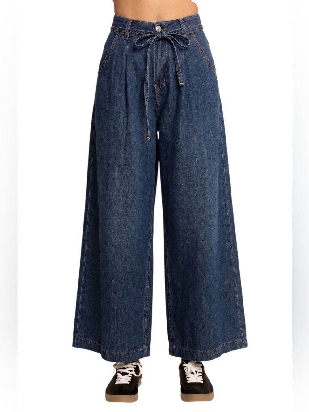 Davi & Dani Dark Wash Lightweight Wide Leg Elastic Tie Waist Denim Flowy Jeans